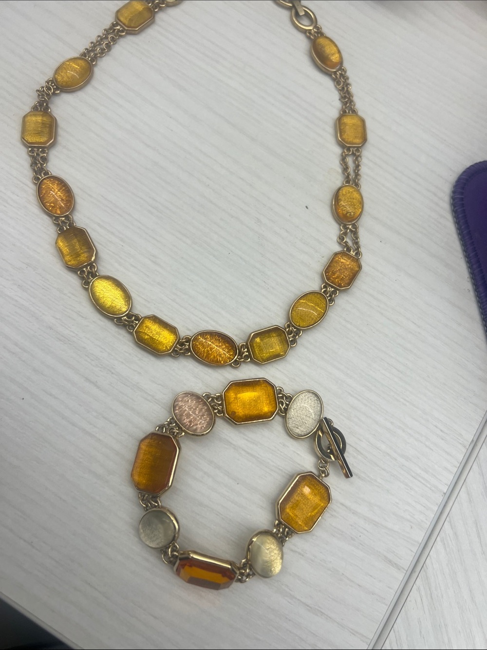 Gold-Tone Amber Station Necklace & Bracelet Set